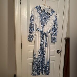 White and Blue Paisley Shirt Dress with Tie Waist